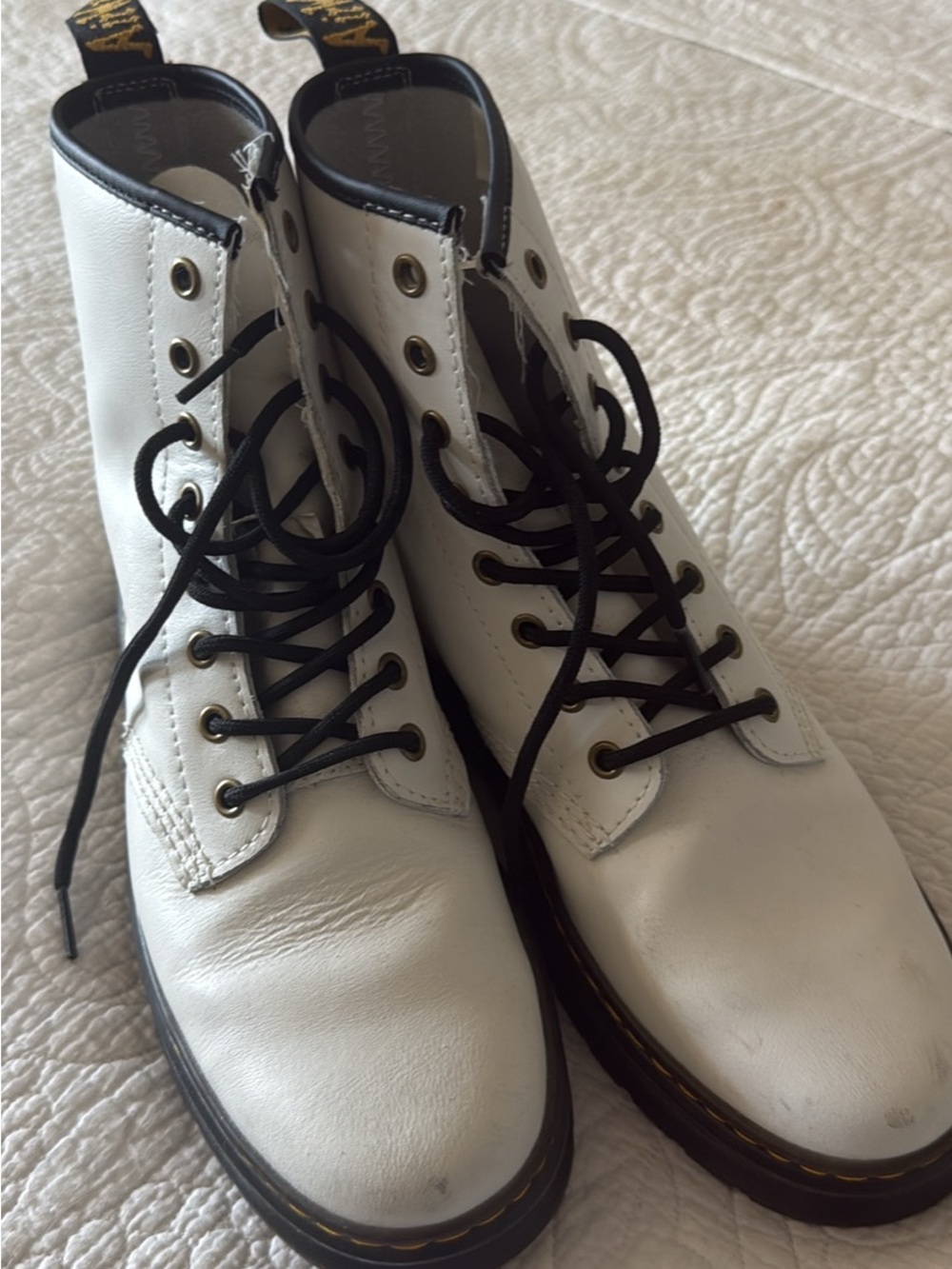 Dr. Martens White Leather Lace-Up Combat Boots with Black Trim 1460’s Pascal